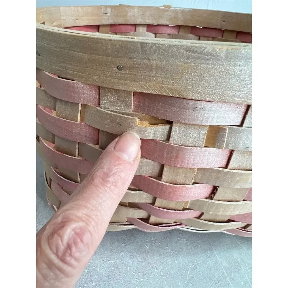 Vintage Pink‎ and wood Woven Basket with Handle 9”x9” Round